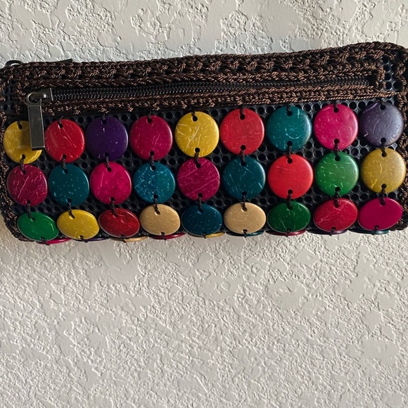 Coconut Shell Disc Beaded Sling Multi Color Coco Brown Crossbody Mini Boho Bag - Picture 9 of 12